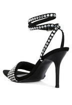 Women's high heeled diamante sandals in black for elegant events