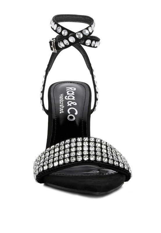 Black high heeled diamante sandals with sparkly embellishments