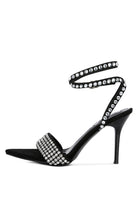 Black high heeled diamante sandals with rhinestone straps for elegant occasions