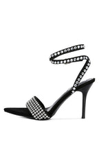 Black high heeled diamante sandals with rhinestone straps for elegant occasions