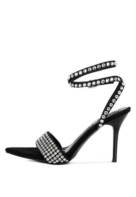 Black high heeled diamante sandals with rhinestone straps for elegant occasions