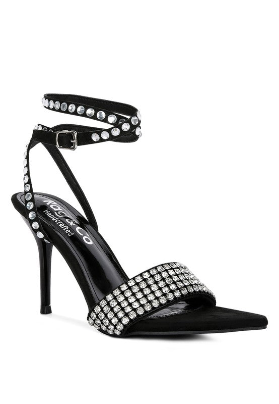 Women's black high heeled diamante sandals for elegant occasions