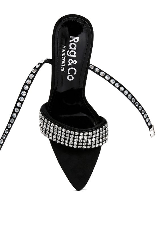 Women's black high heeled diamante sandals, perfect for evening events