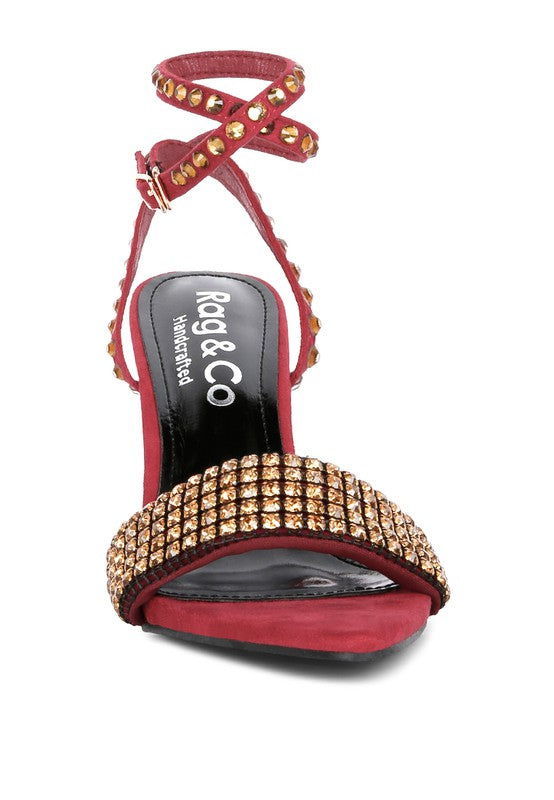 Rag Company high heeled diamante sandals in red with ankle strap