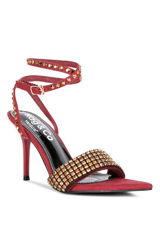 Rag Company high heeled diamante sandals in red, perfect for evening outings