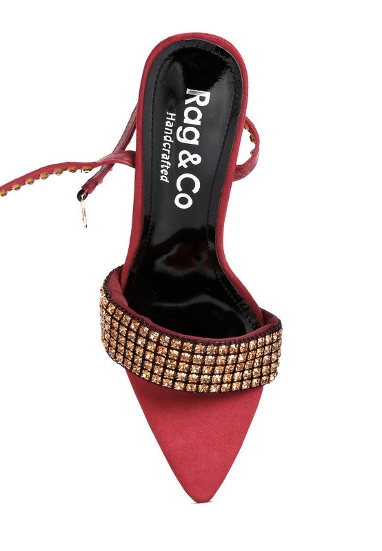 Women's red high heeled diamante sandals for elegant occasions
