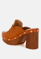 London Rag International recycled leather platform clogs with wooden heel and decorative studs