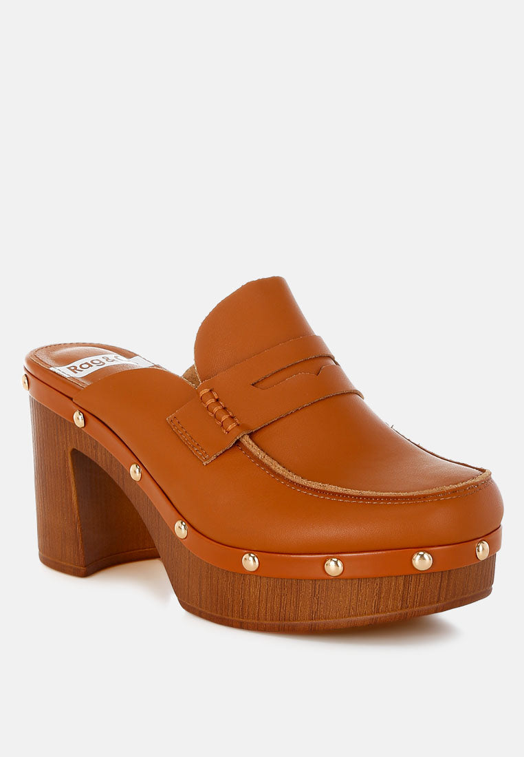 London Rag International recycled leather platform clogs in brown with stylish studded detailing and a chunky heel