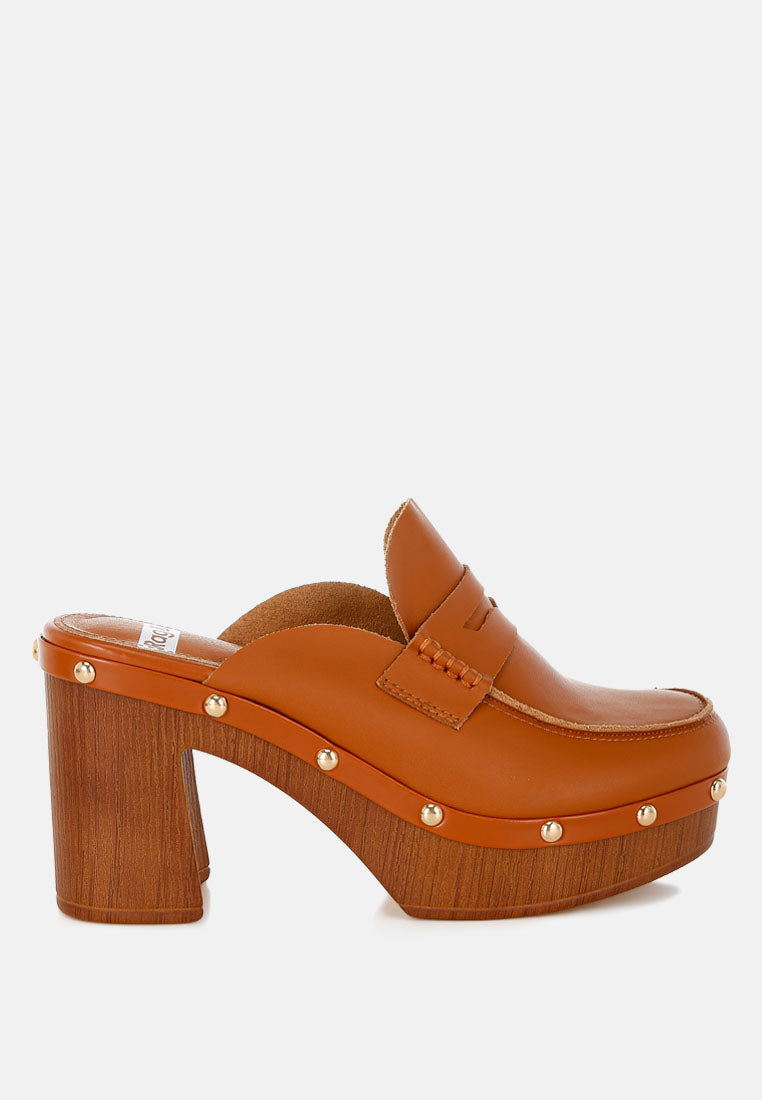 London Rag International recycled leather platform clogs in brown with a chunky wooden heel