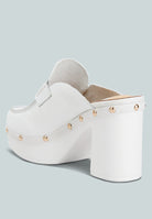 White recycled leather platform clogs with decorative gold studs for stylish summer wear