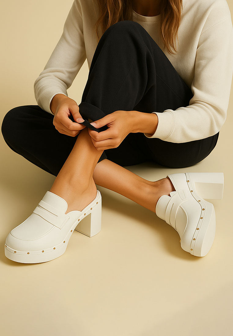 London Rag International Women's Recycled Leather Platform Clogs in White with Chunky Heels
