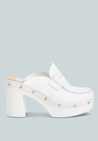 Women's white recycled leather platform clogs with stylish design and gold studs for trendy summer wear