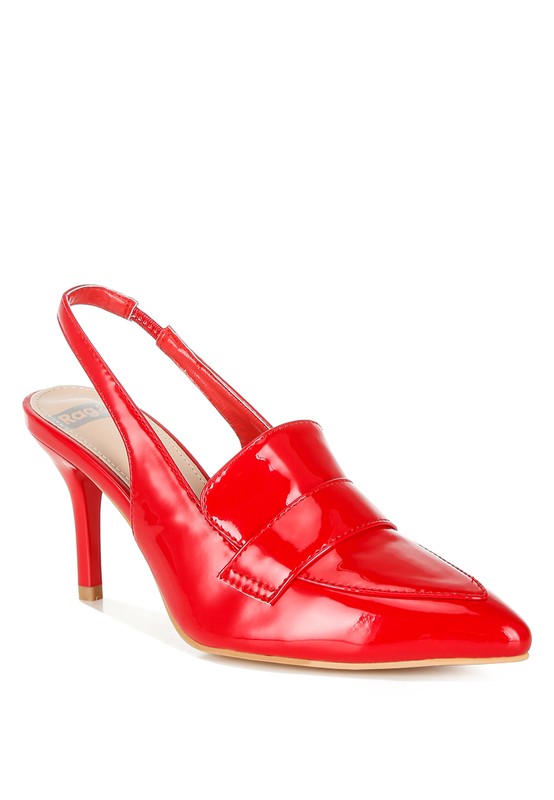 Red women's slingback loafer sandals with a glossy finish