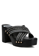 Rag Company chunky heel raffia sandals in black with woven straps and stud detailing