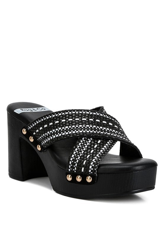 Rag Company chunky heel raffia sandals in black with woven straps and stud detailing