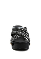 Rag Company women's chunky heel raffia sandals in black with crossed straps and platform sole