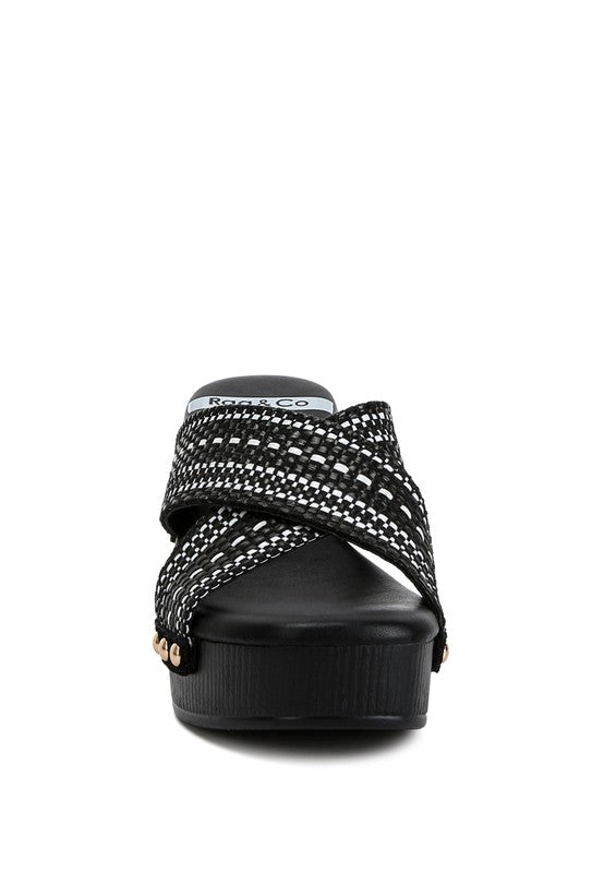 Rag Company women's chunky heel raffia sandals in black with crossed straps and platform sole