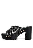 Rag Company women's chunky heel raffia sandals with black platform and gold stud details