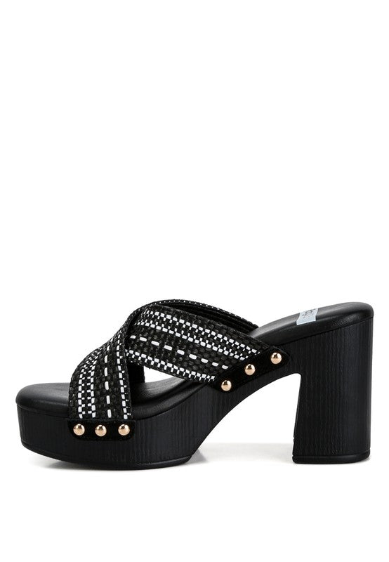 Rag Company women's chunky heel raffia sandals with black platform and gold stud details