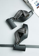 Rag Company women's chunky heel raffia sandals with black textured heels and studded straps