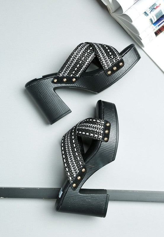Rag Company women's chunky heel raffia sandals with black textured heels and studded straps