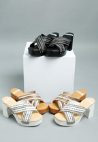 Rag Company women's chunky heel raffia sandals in black, white, and beige with crisscross straps