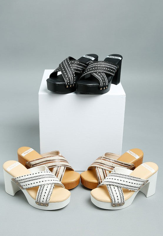 Rag Company women's chunky heel raffia sandals in black, white, and beige with crisscross straps