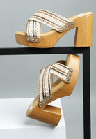 Rag Company women's chunky heel raffia sandals with crisscross straps and wood-textured block heel