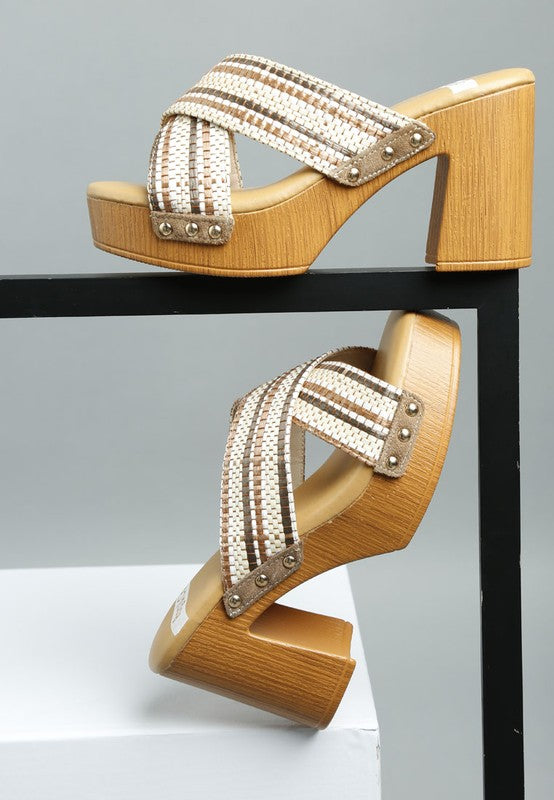 Rag Company women's chunky heel raffia sandals with crisscross straps and wood-textured block heel