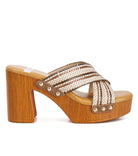 Rag Company women's chunky heel raffia sandals with wooden platform and neutral woven straps