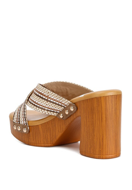 Rag Company women's chunky heel raffia sandals with woven straps and wooden block heel