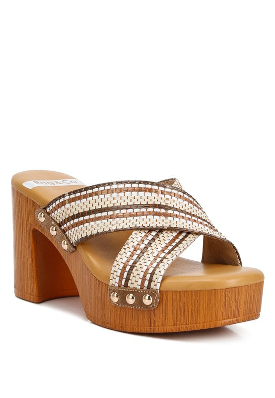 Rag Company women's chunky heel raffia sandals with crisscross straps and wooden platform sole
