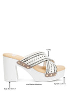Rag Company chunky heel raffia sandals with high block heel stud embellishments and open round toe