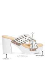 Rag Company chunky heel raffia sandals with high block heel stud embellishments and open round toe