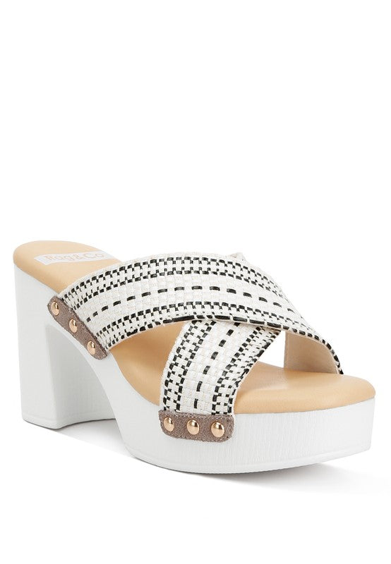 Rag Company women's chunky heel raffia sandals with white block heel and cross straps