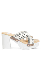 Rag Company chunky heel raffia sandals with white and black woven straps and studded accents