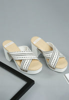 Rag Company women's chunky heel raffia sandals in white with black stitching and cross straps