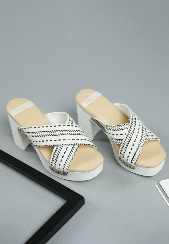 Rag Company women's chunky heel raffia sandals in white with black stitching and cross straps