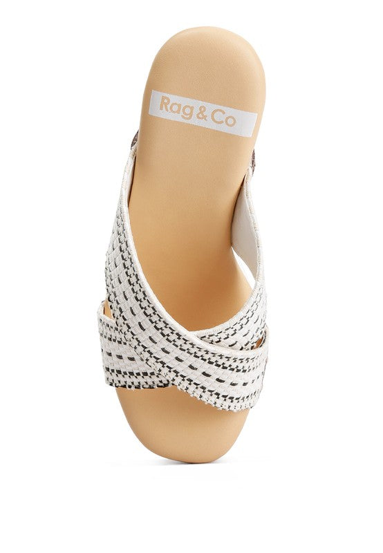 Rag Company women's chunky heel raffia sandals with white woven straps and tan footbed