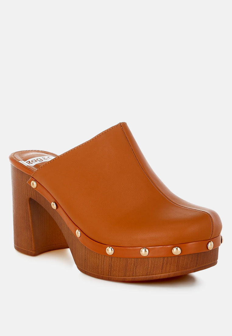 Stylish London Rag International recycled leather clogs with a chunky heel and decorative studs