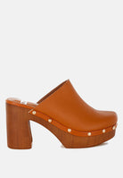 London Rag International recycled leather clogs with chunky wooden heel and studded detailing
