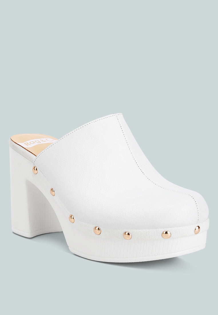 Stylish white recycled leather clogs with studded accents for women's casual outfits