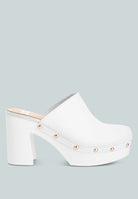 Stylish white recycled leather clogs with chunky heel and decorative golden studs from London Rag International