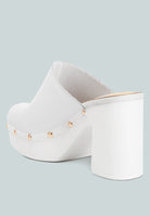 White London Rag International recycled leather clogs with a stylish chunky heel and decorative studs