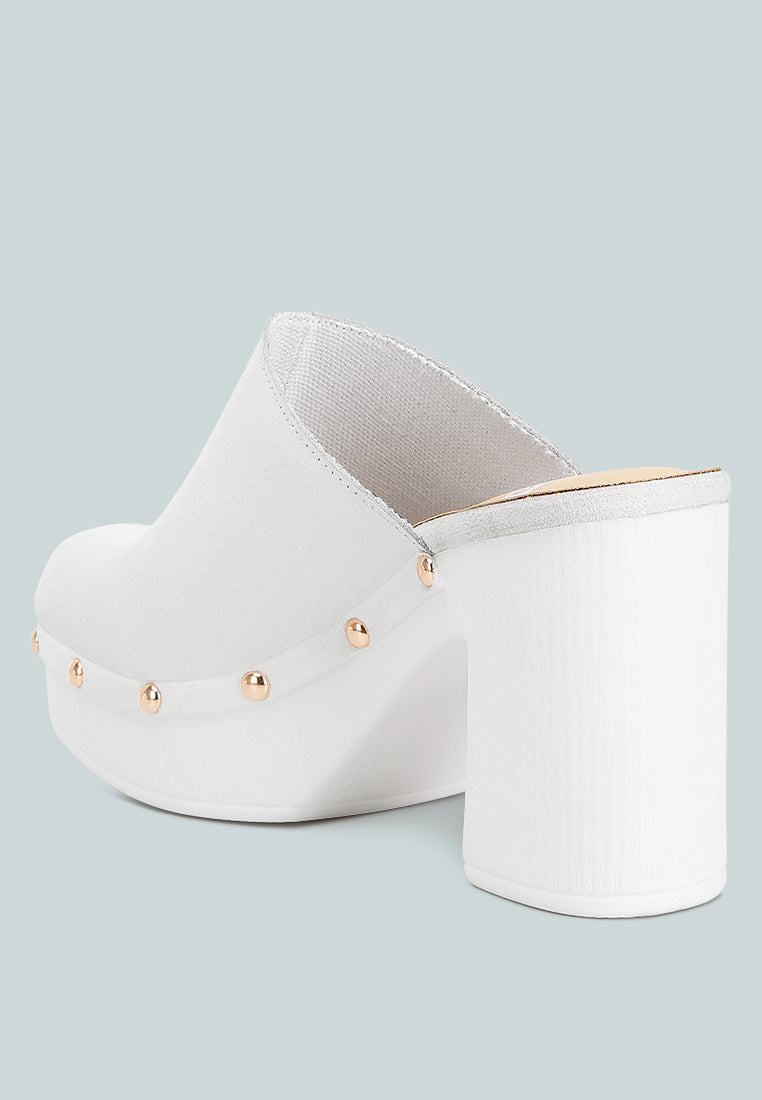 White London Rag International recycled leather clogs with a stylish chunky heel and decorative studs