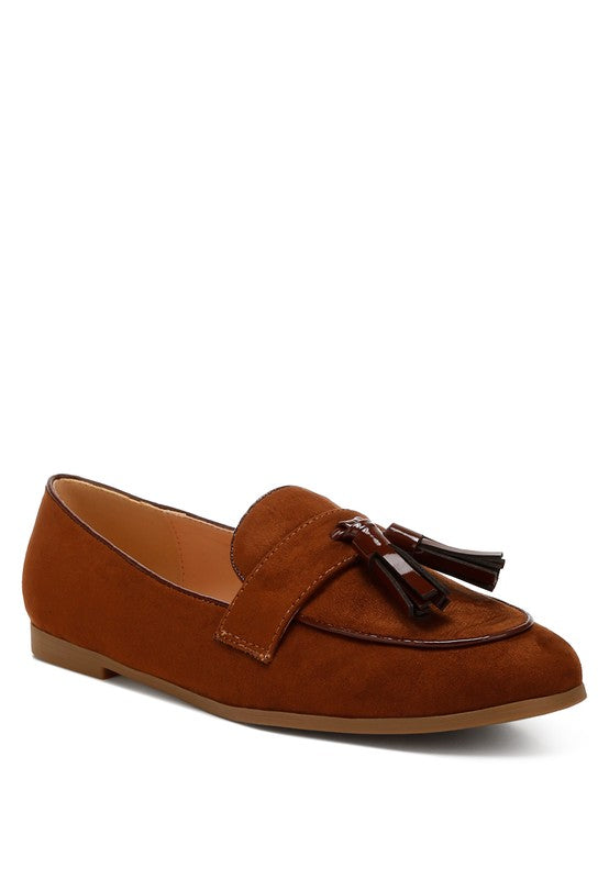 Rag Company womens casual suede loafers brown with tassel detail and flat sole