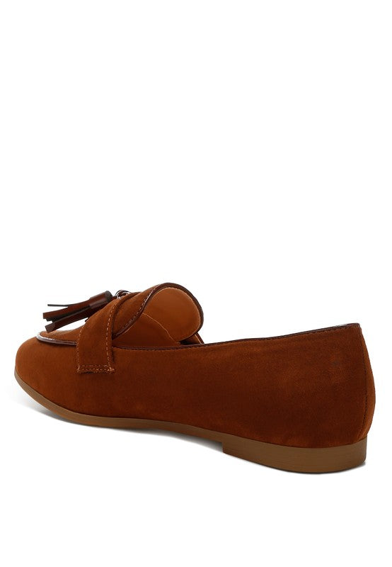 Rag Company womens casual suede loafers in brown with tassel detail and flat sole