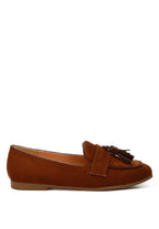 Rag Company womens casual suede loafers in brown with tassel detail & flat sole