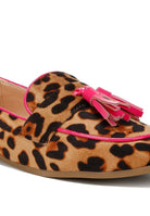 Rag Company womens casual suede loafers in leopard print with pink tassel detail and trim