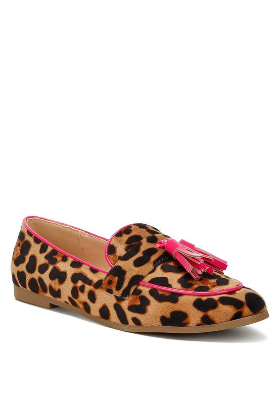 Rag Company womens casual suede loafers with leopard print and pink tassel detail flats
